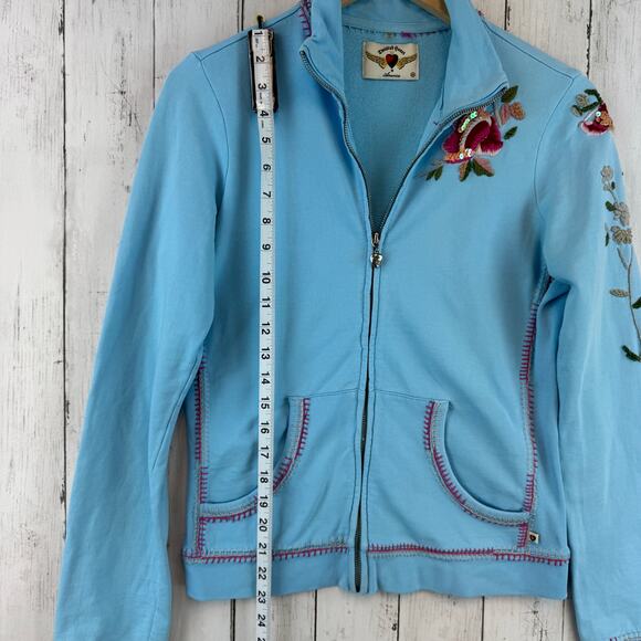VTG Twisted Heart Blue Y2K Floral Embroidered Sequin Full Zip Jacket Size Medium - Picture 12 of 14